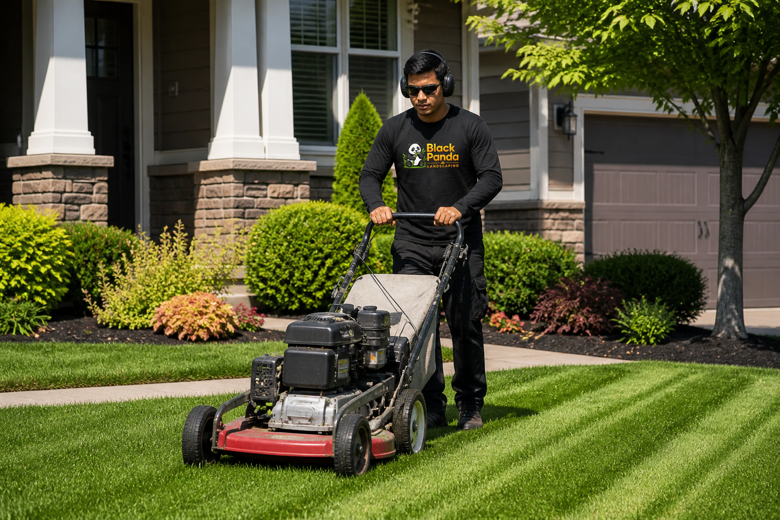 Black Panda Landscaping crew in branded gear